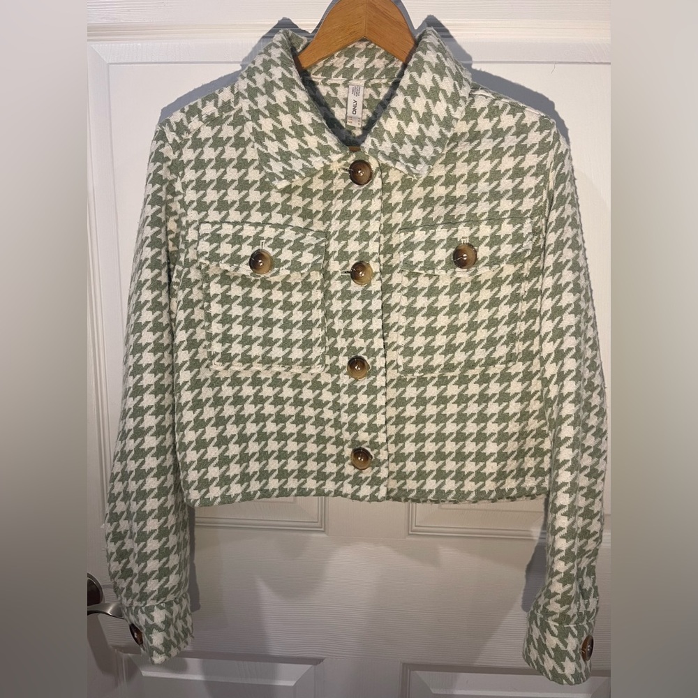 Only Green Houndstooth Button Down blazer cropped women jacket small ganna style - Picture 1 of 11